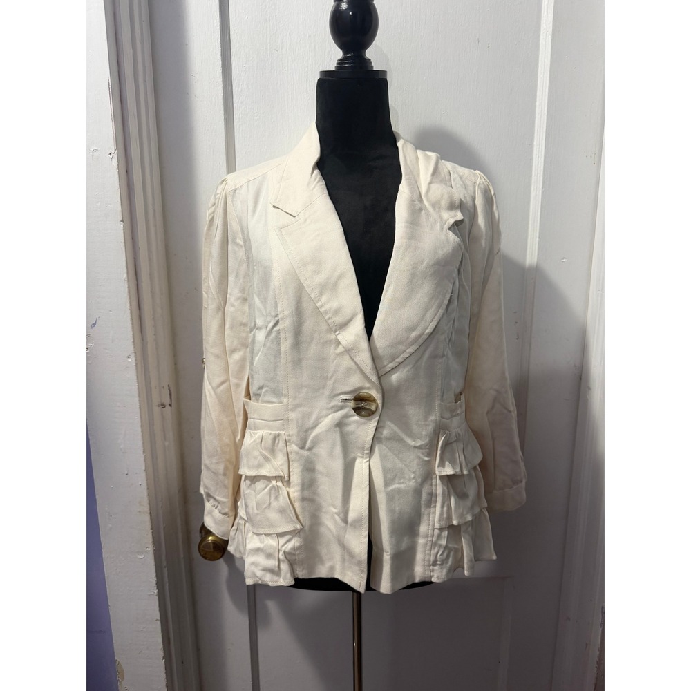 Ambitions Ivory Blazer Jacket Ruffle Pocket Puff Shoulder Cream Large